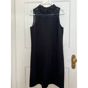 Loft Black Mini Dress Collar Sleeveless Sheer Embroidered Neck Shift Women's 8